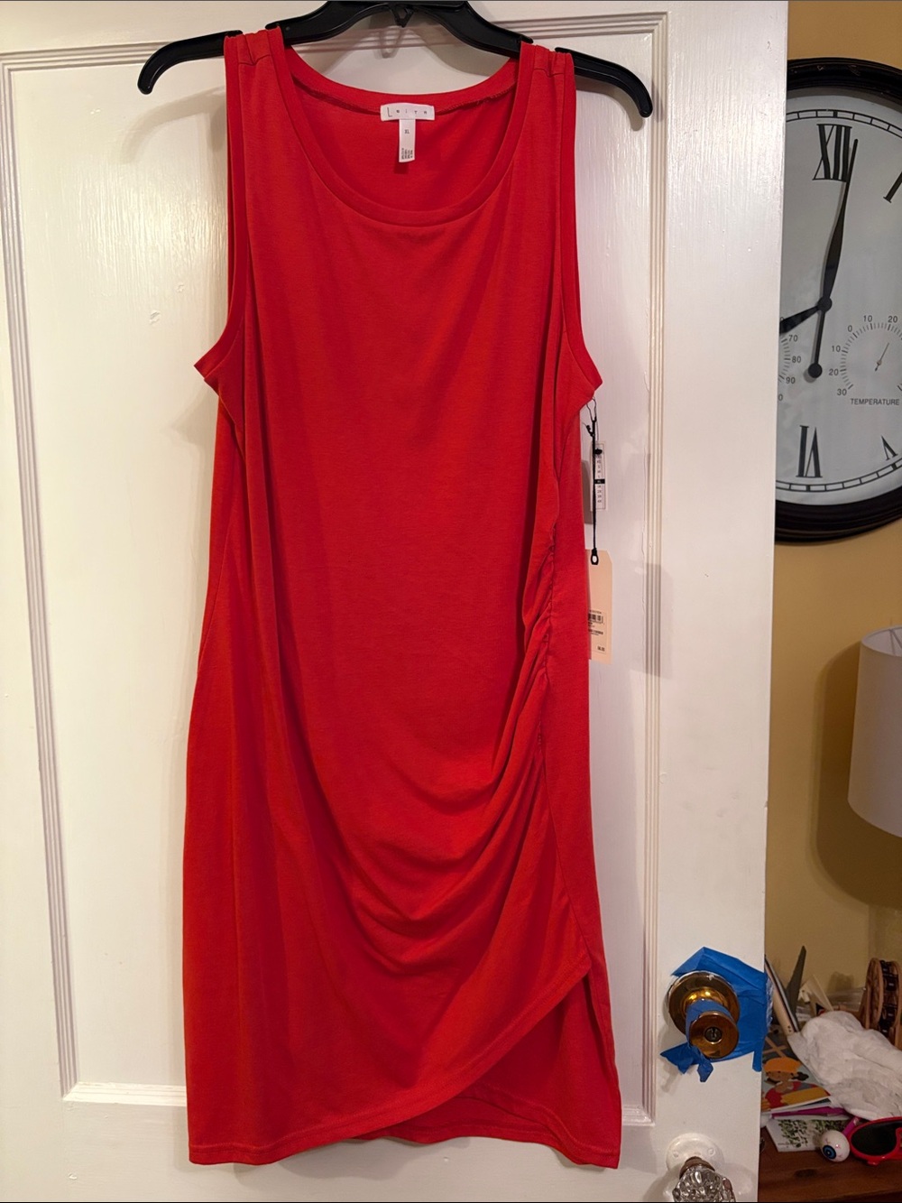 Leith Sleeveless Red Draped Side Ruched Shift Dress